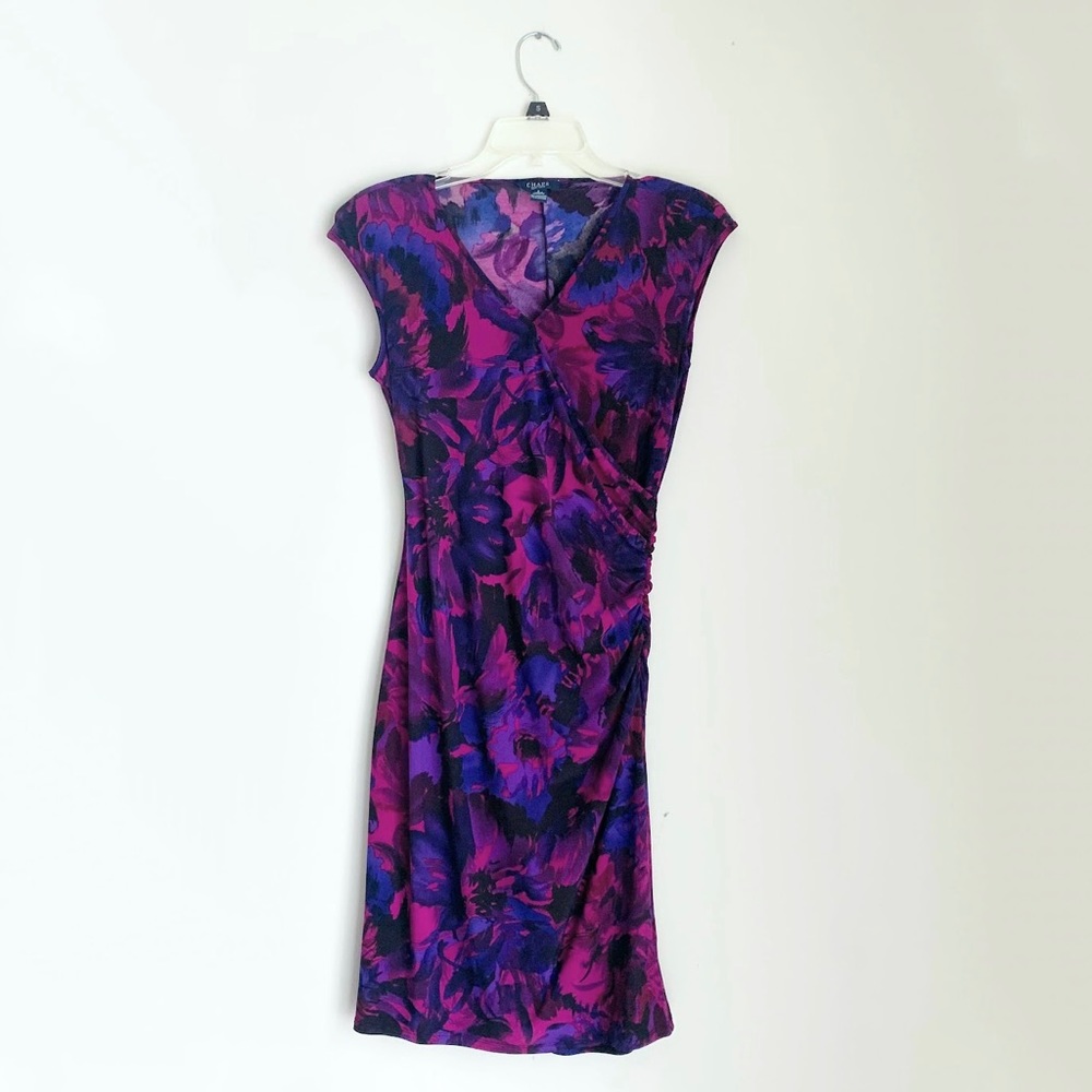 Watercolor Floral Wrap Dress Ruched Sleeves